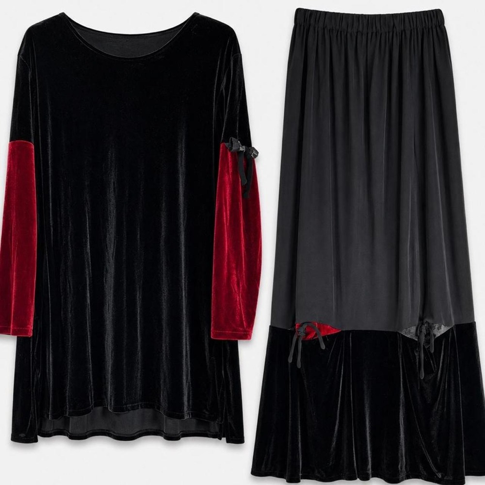 Kedem Sasson Designer Velvet 2 Piece Skirt Set Black Red Avant Garde